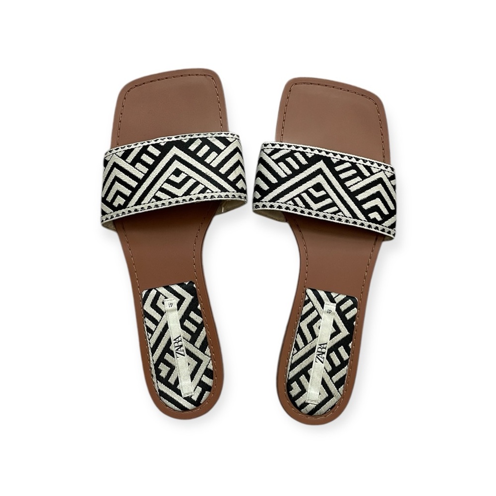 Zara Black and Cream Women's Slide Sandals US 10/ EUR 41